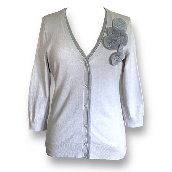 Ann Taylor LOFT Womens Cardigan S Gray Pima Cotton Floral Vneck Beaded Sweater - Picture 1 of 7